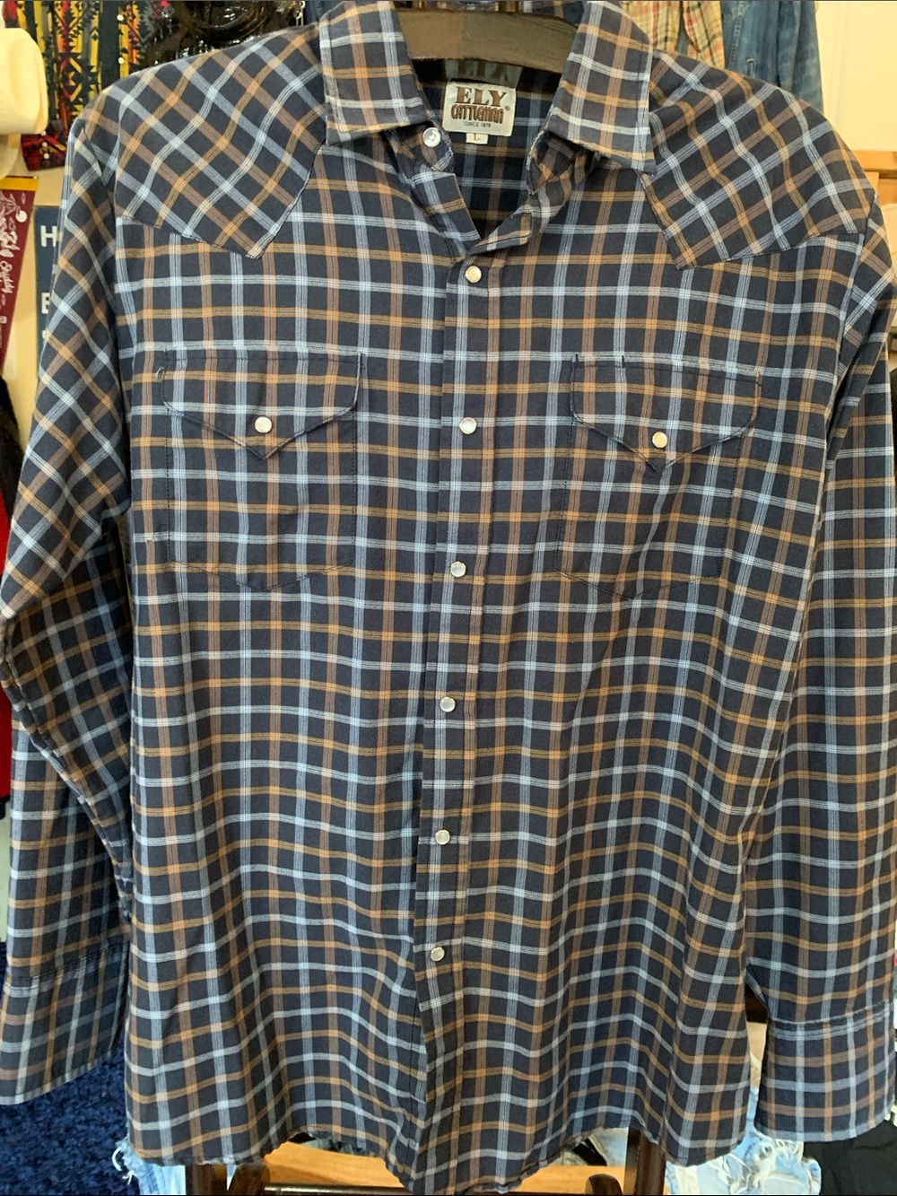 Ely Cattleman Navy and Brown Plaid Western Button-Down Pearlsnap Shirt